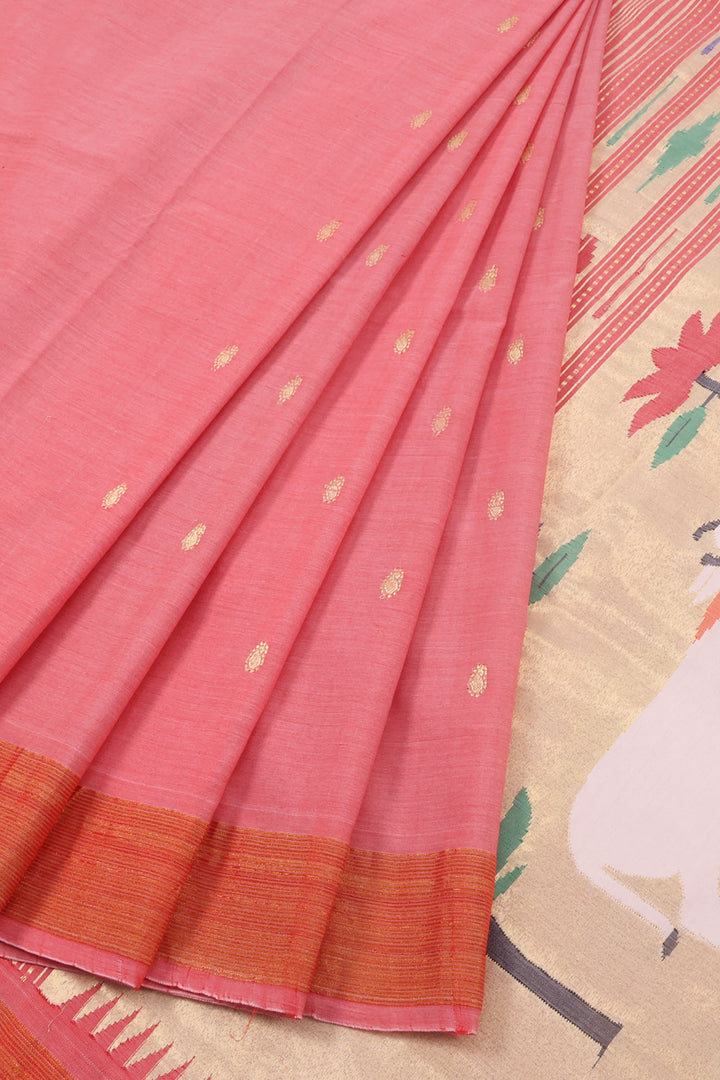 Salmon Pink Handwoven Hastakala Paithani Cotton Saree 10060189