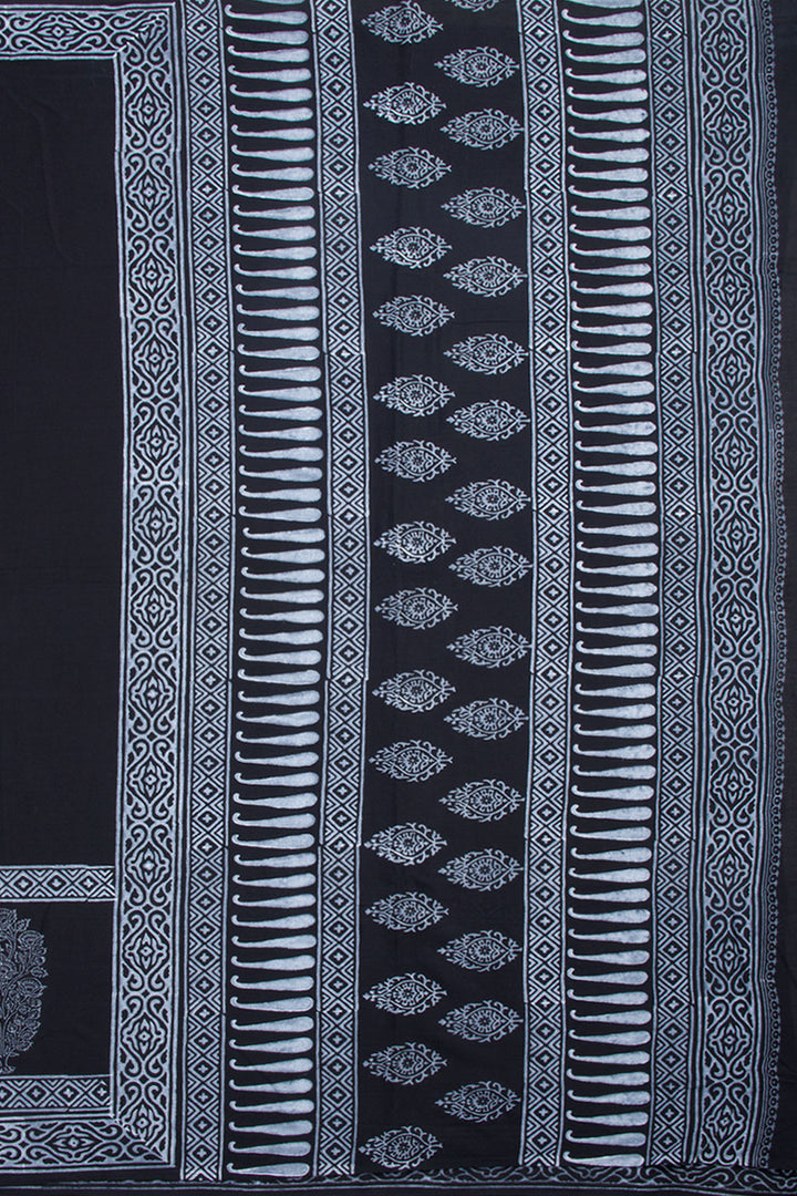 Black Hand Block Printed Mulmul Cotton Saree 10062273