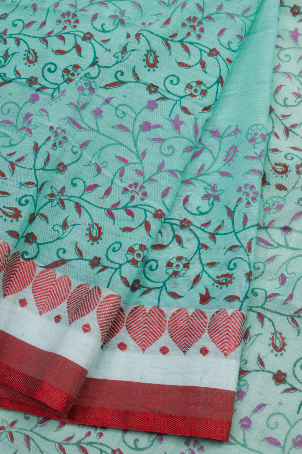 Green Hand Block Printed Cotton Saree 10061943