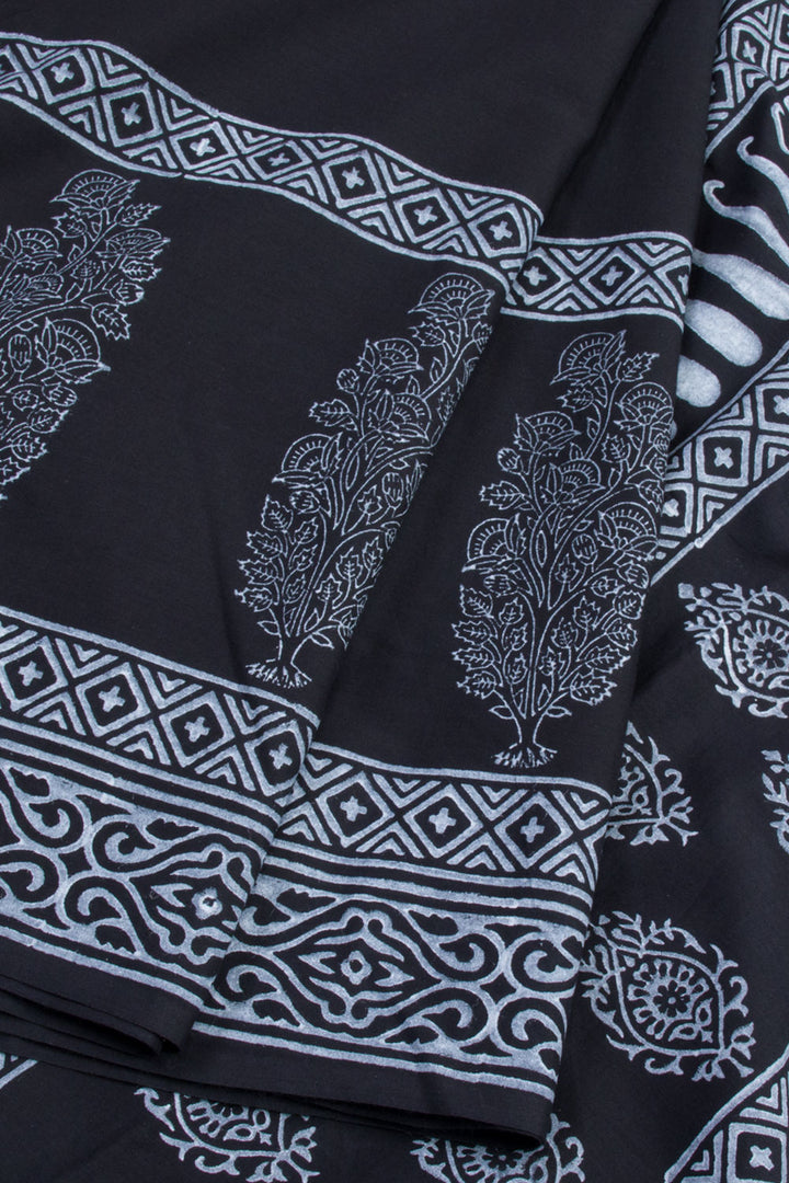 Black Hand Block Printed Mulmul Cotton Saree 10062273