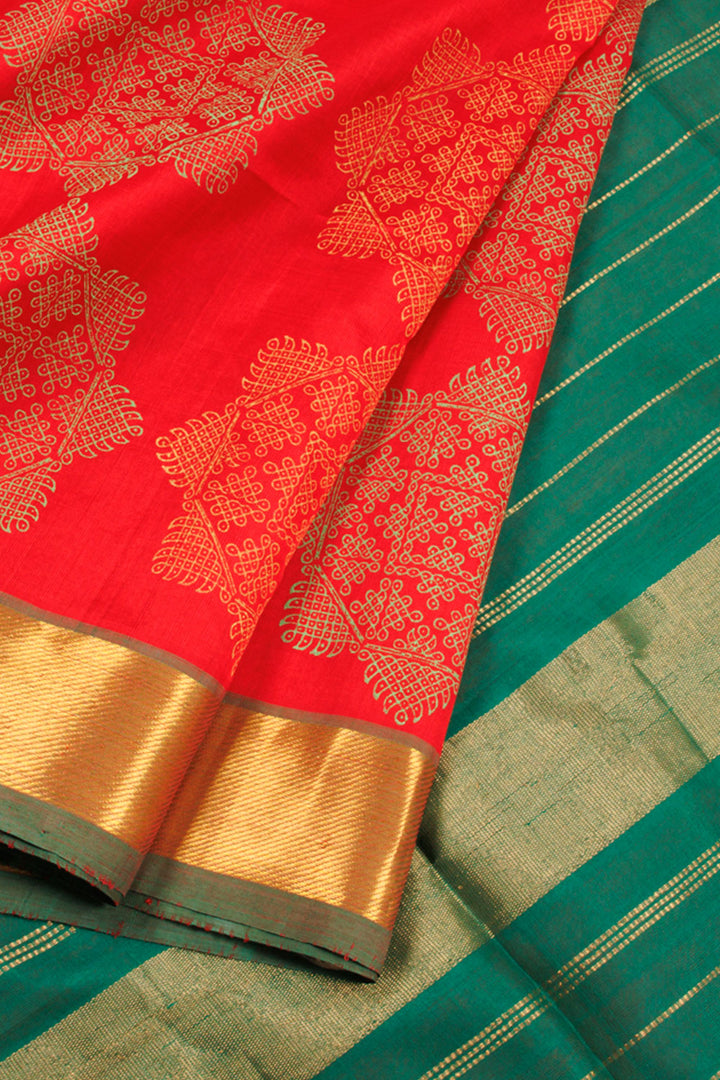 Red Hand Block Printed Silk Cotton Saree 10060270