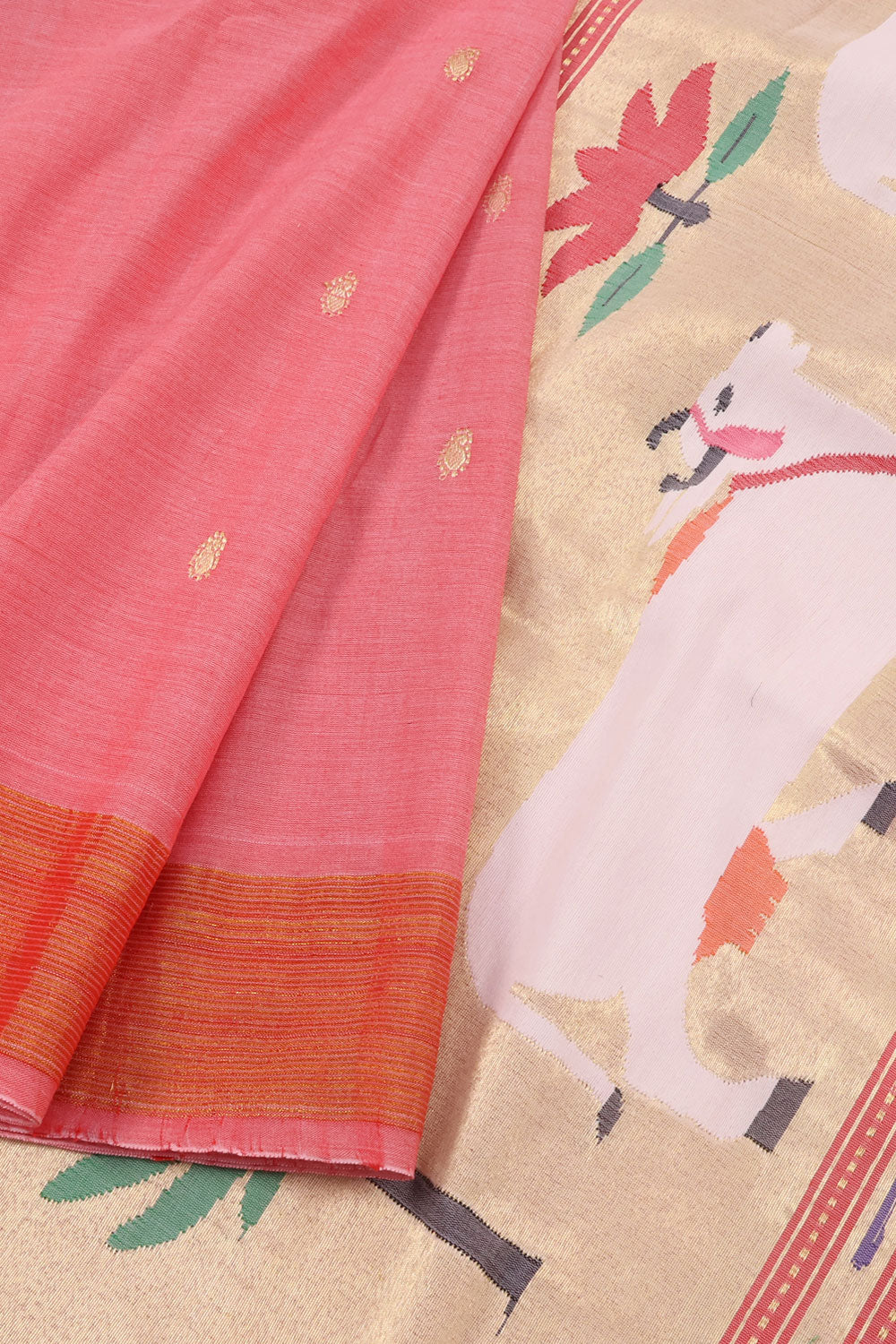 Salmon Pink Handwoven Hastakala Paithani Cotton Saree 10060189