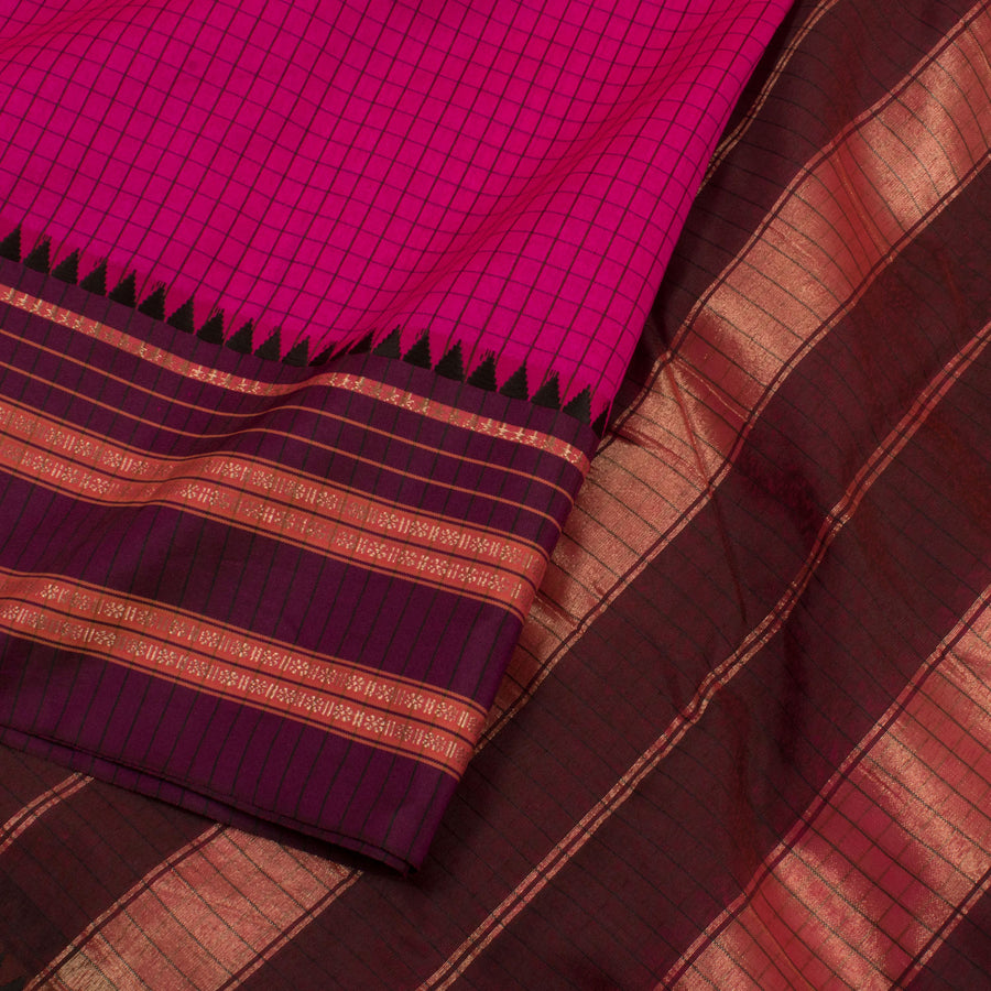 Handloom Narayanpet Cotton Saree with Checks Design and Temple Border