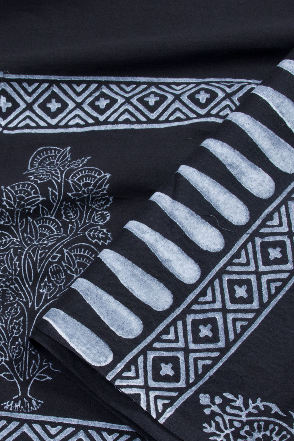 Black Hand Block Printed Mulmul Cotton Saree 10062273