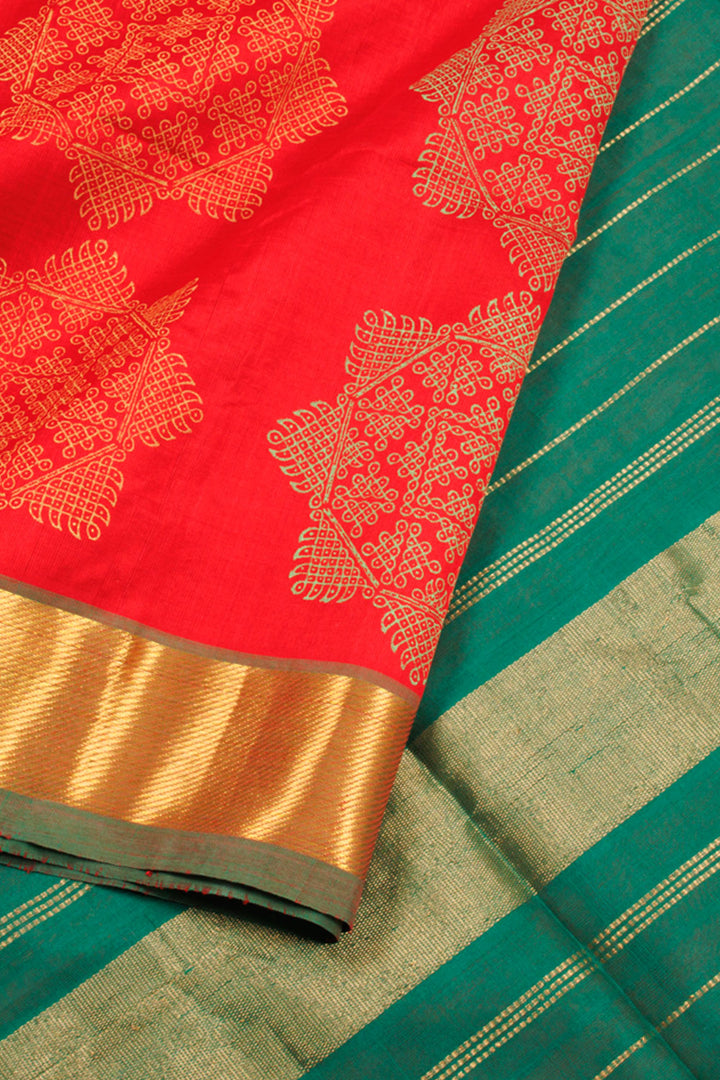 Red Hand Block Printed Silk Cotton Saree 10060270