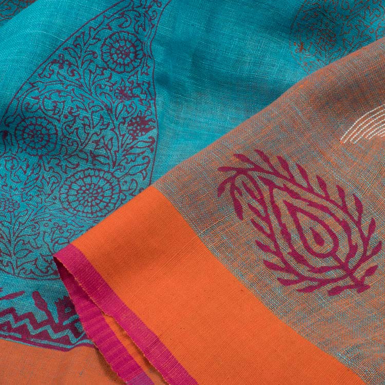 Pure linen saree peacock blue with floral prints and silver zari woven – Prashanti  Sarees